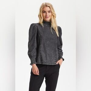 ZARA Black Wash 80s Collection Puff Sleeve High Neck Pullover‎ Top Size XS